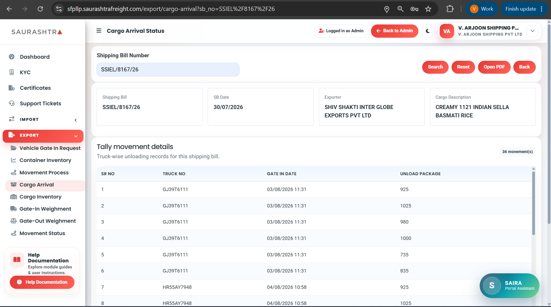 Cargo Arrival Listing