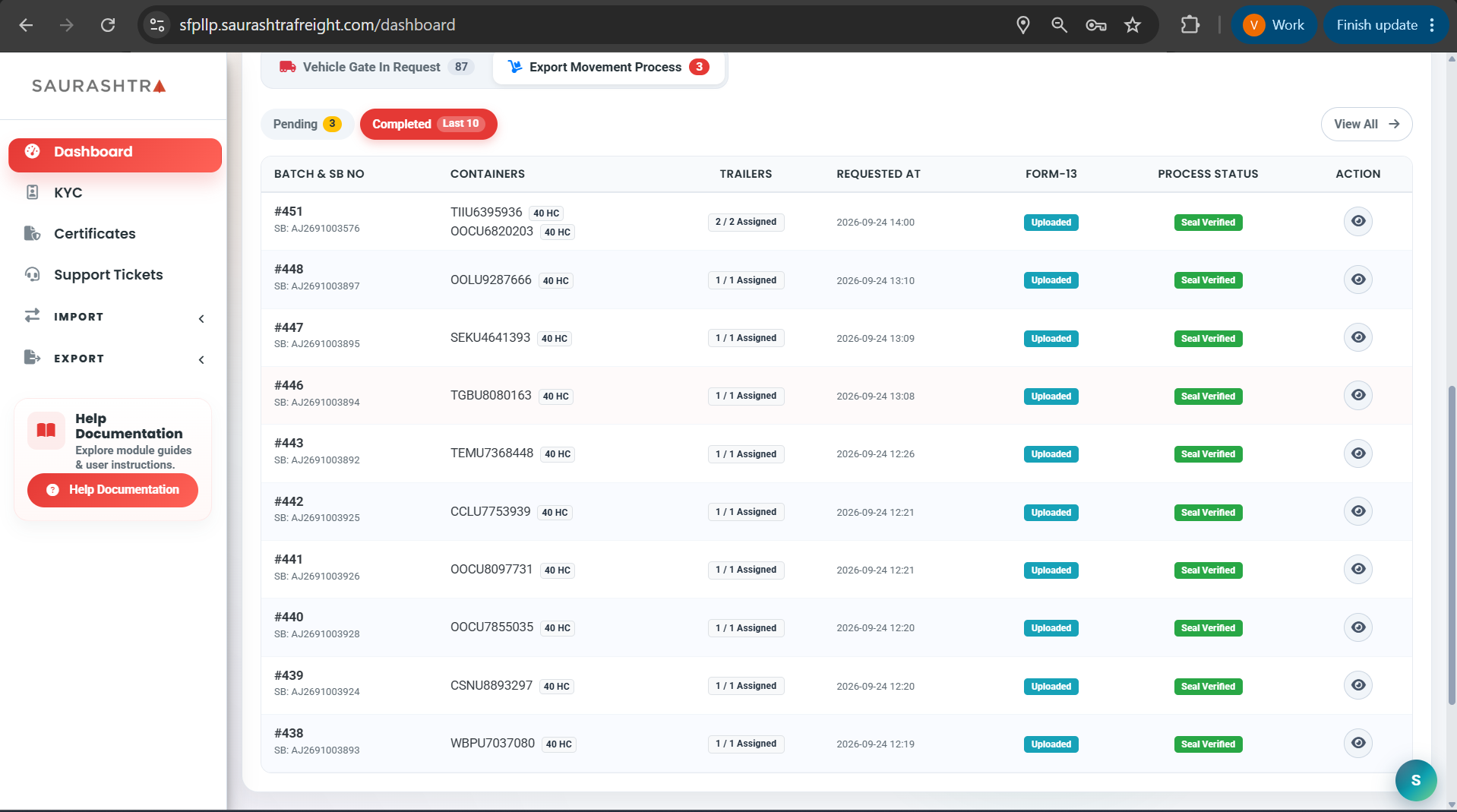 Dashboard Completed Export Movement Batches