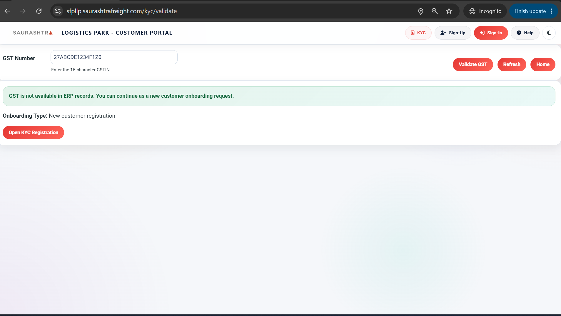 Step 1: KYC GST Validation Form