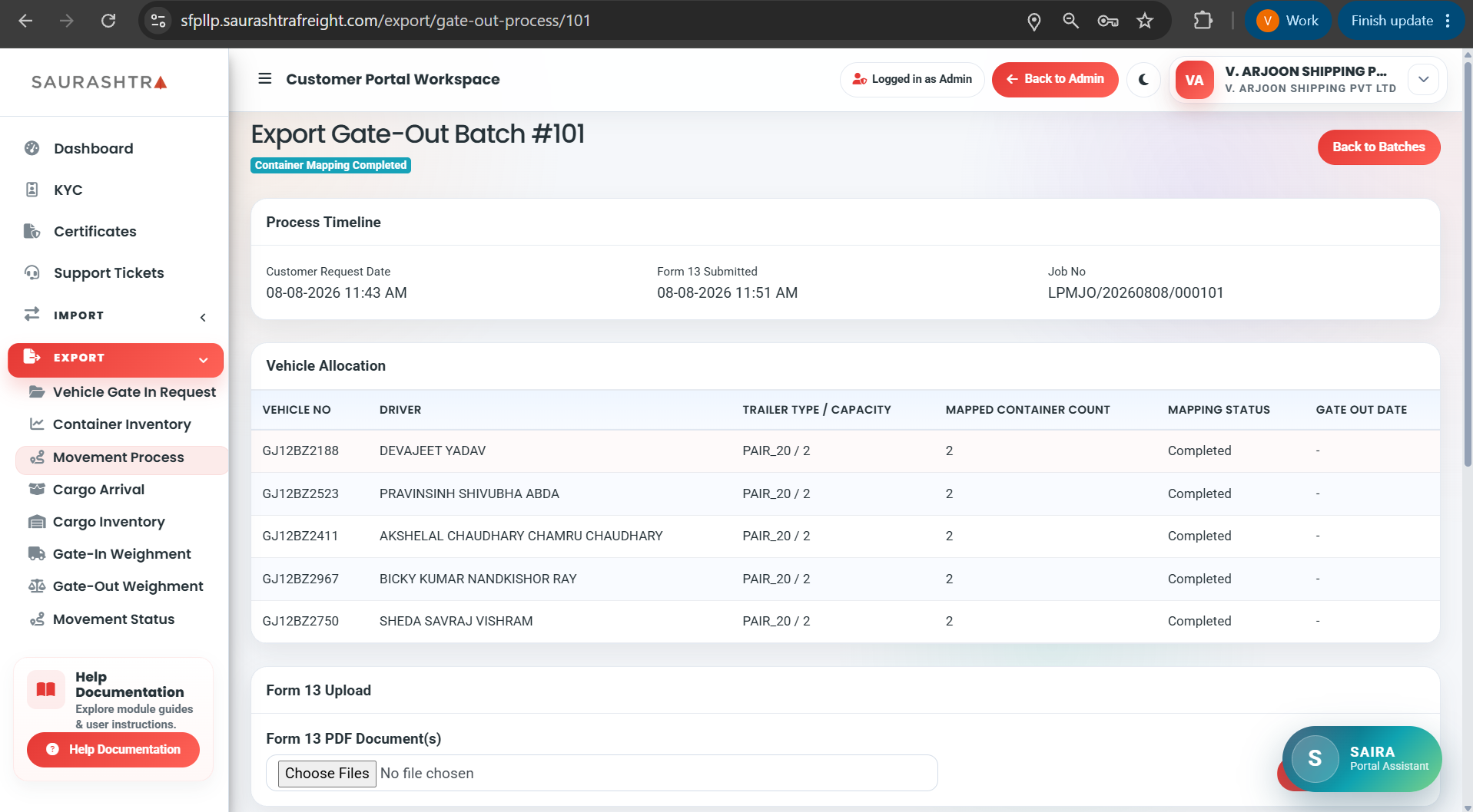 Batch Detail - Form 13 & Vehicle Assignment