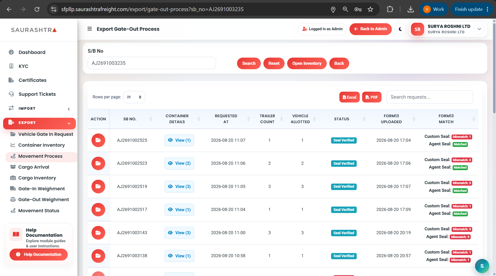 Search Results Modal — Select Containers & Raise Trailer Request