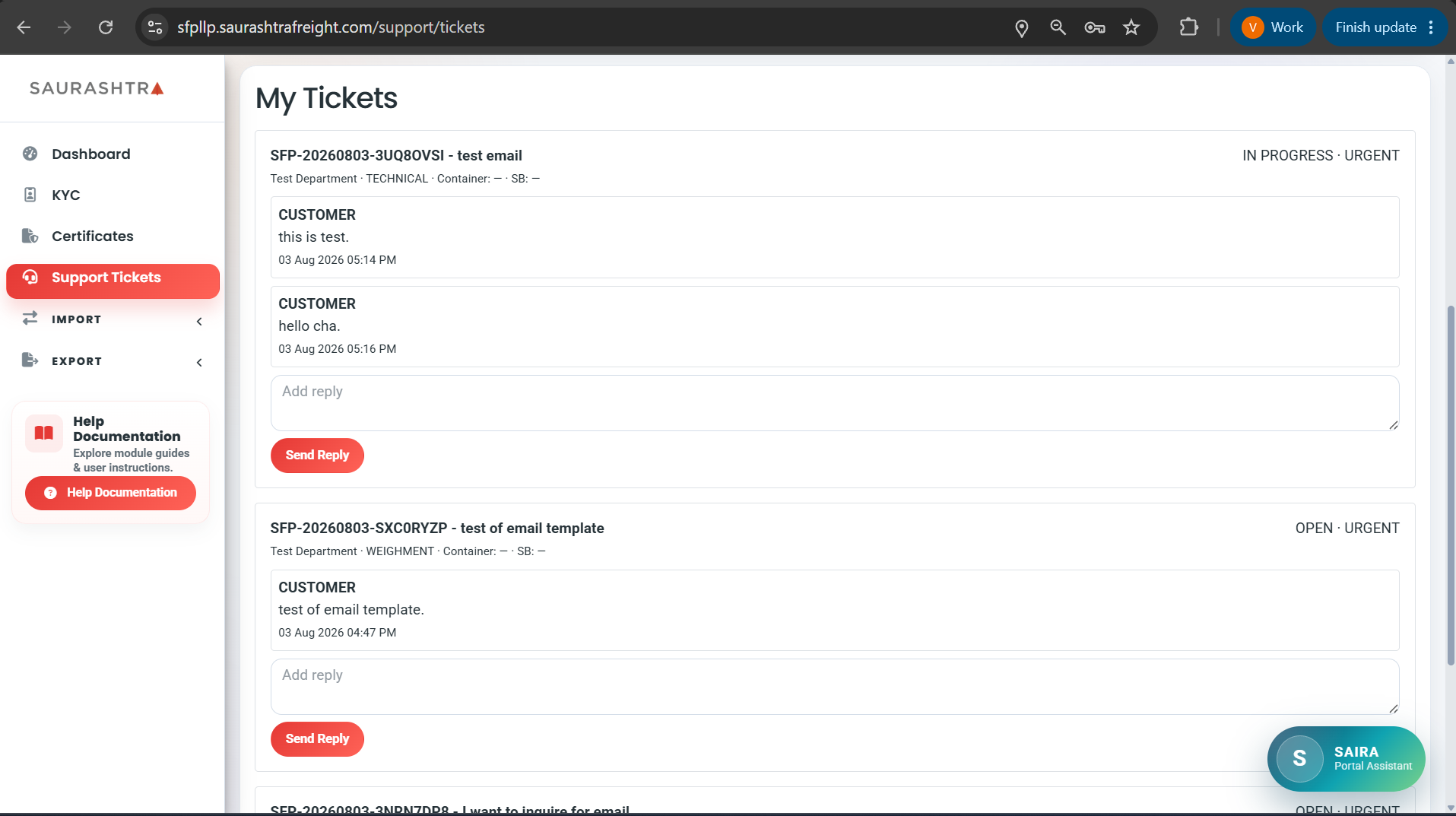 Support Tickets Listing